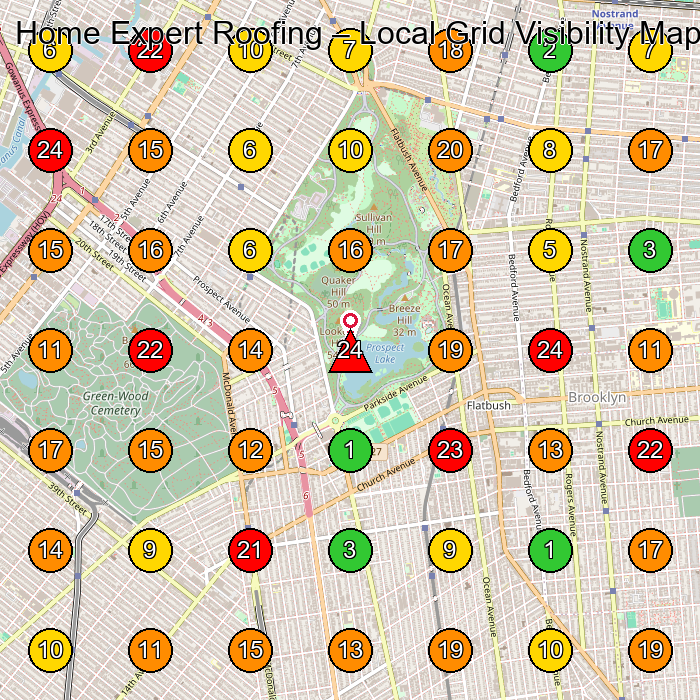 Home Expert Roofing Roofing Contractor GeoGrid ranking map for Brooklyn NY